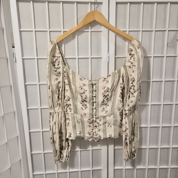 Reformation Floral Cream Green Blouse Top Sz 4 - Picture 2 of 12